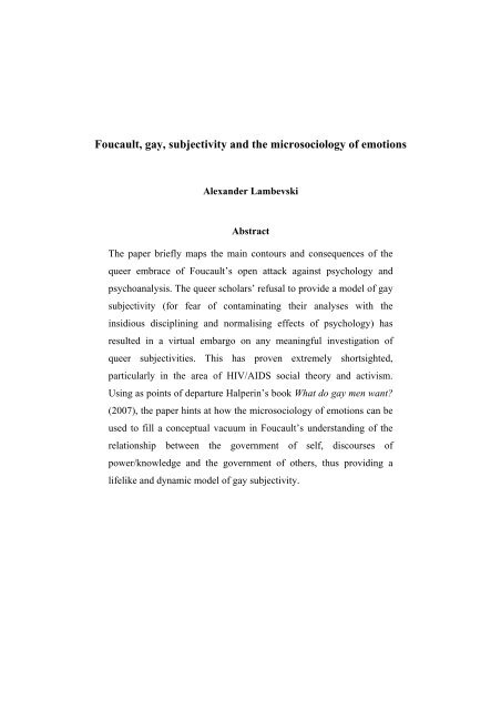 Foucault, gay, subjectivity and the microsociology of emotions