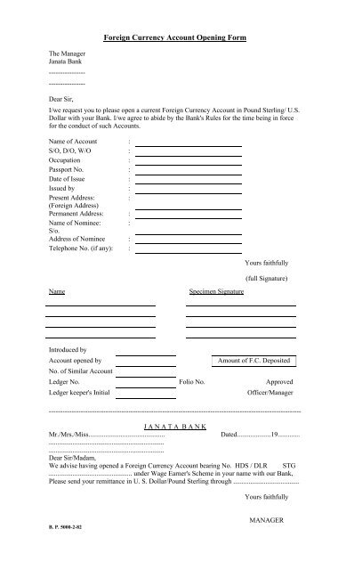 Foreign Currency Account Opening Form And Other Janata Bank