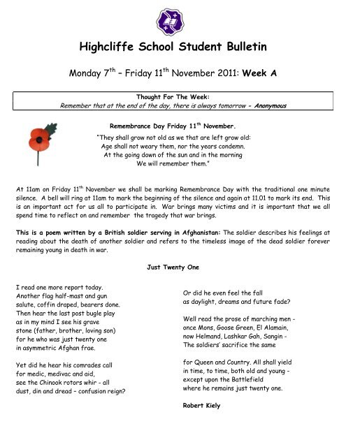 Student bulletin 7th November 2011.pdf - Highcliffe School