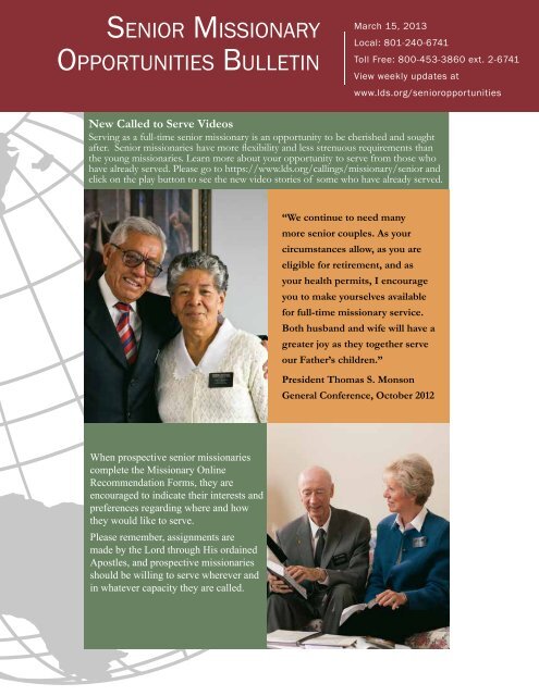 Senior Missionary Opportunities Bulletin - The Church of Jesus ...