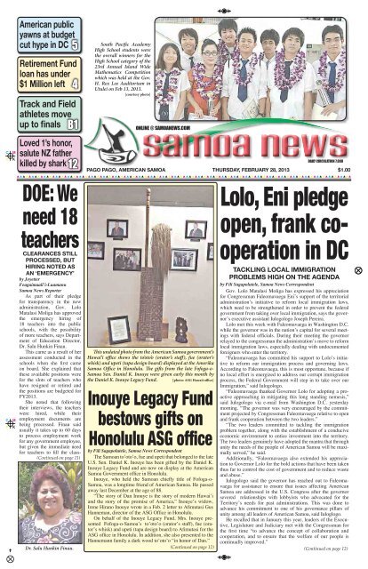 Lolo, Eni pledge open, frank co- operation in DC - Samoa News