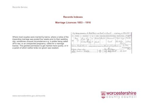 Records Indexes Marriage Licences 1853 – 1916