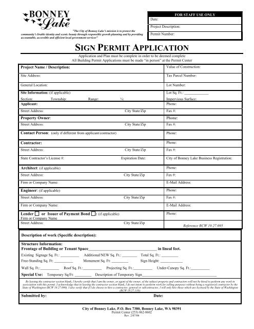 SIGN PERMIT APPLICATION - City of Bonney Lake