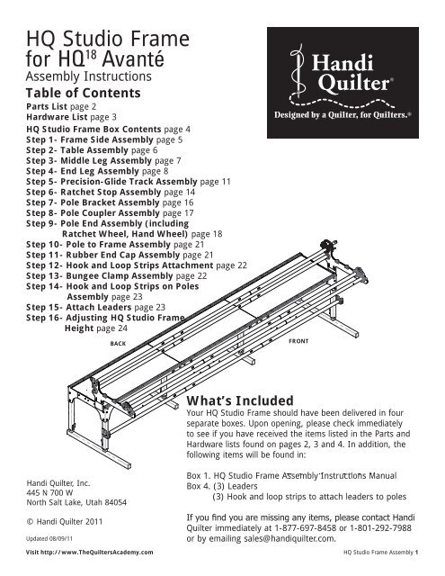 HQ Studio Frame Manual for HQ Avante 08-09-11 ... - Handi Quilter