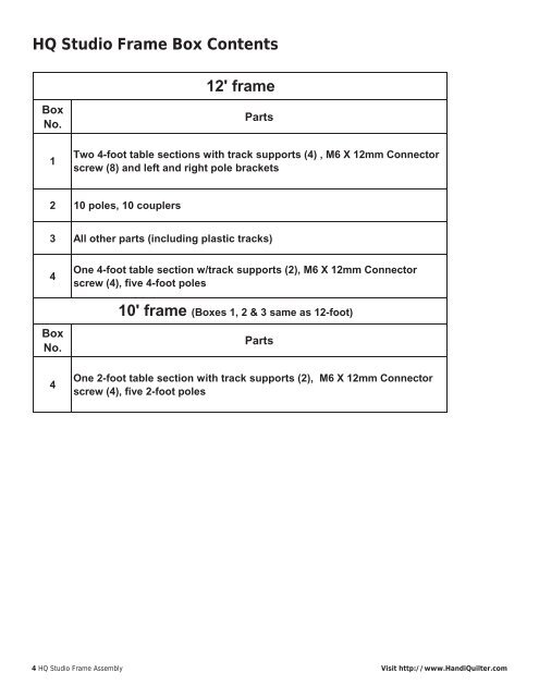 HQ Studio Frame Manual for HQ Avante 08-09-11 ... - Handi Quilter