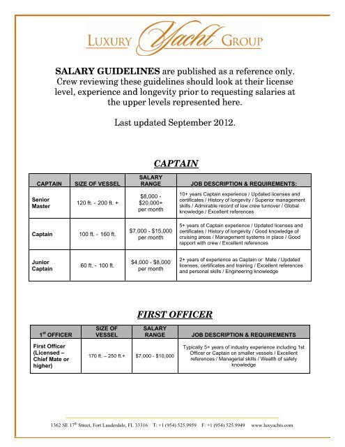 luxury yacht group salary guidelines