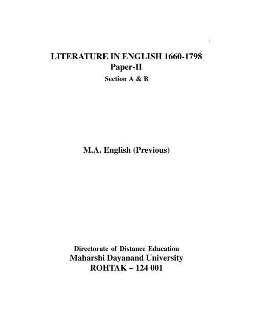 Literature In English 1660 1798 Maharshi Dayanand University