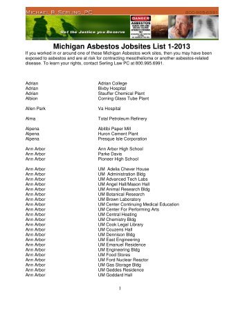 Michigan Asbestos Jobsites List 1-2013 - Serling Law PC