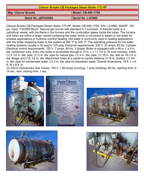 Cleaver Brooks CB Packaged Firetube Boiler- 200 HP