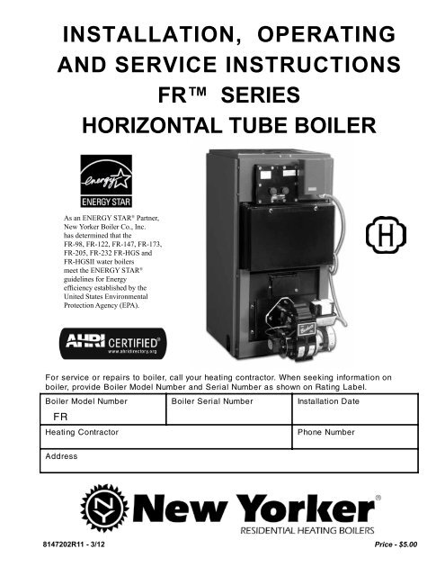 Persona hoffelijkheid Doe herleven installation, operating and service instructions fr - New Yorker Boiler