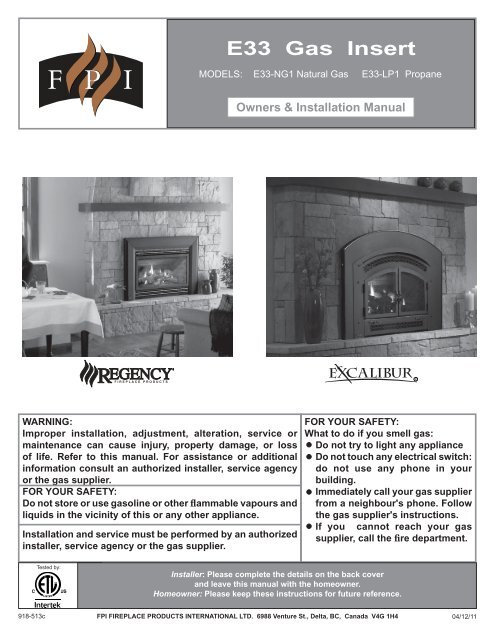 E33 Gas Insert Owners & Installation Manual - Regency Fireplace ...