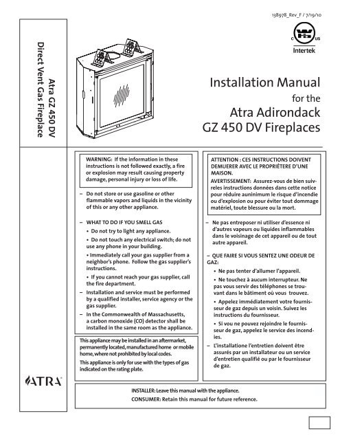 Installation Manual Atra Adirondack GZ 450 DV Fireplaces
