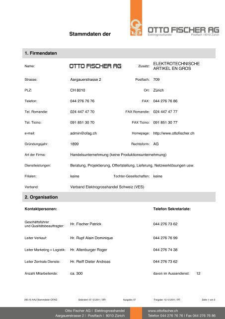 Stammdaten der - Otto Fischer AG