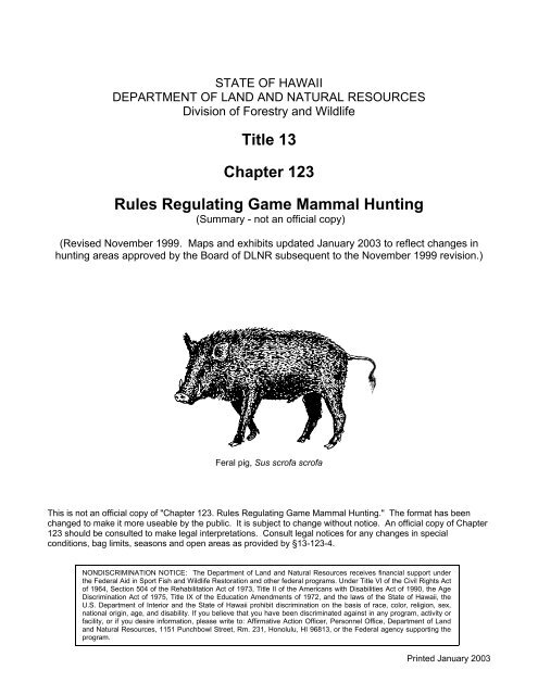 STATE OF HAWAII Rules Regulating Game Mammal Hunting