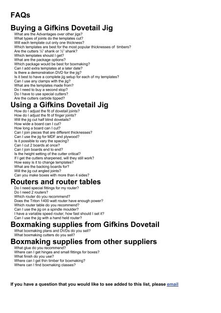 FAQs Buying a Gifkins Dovetail Jig