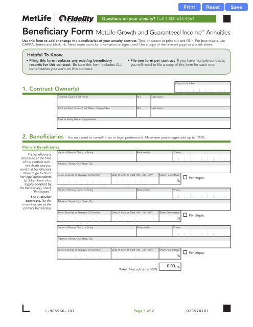 Beneficiary Form MetLife Growth and Guaranteed ... - Fidelity