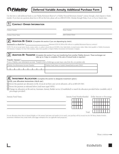 Deferred Variable Annuity Additional Purchase Form - Fidelity