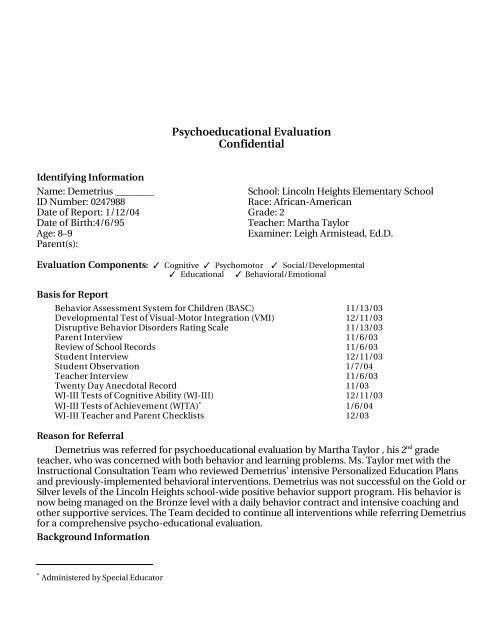 Psychoeducational Evaluation Confidential