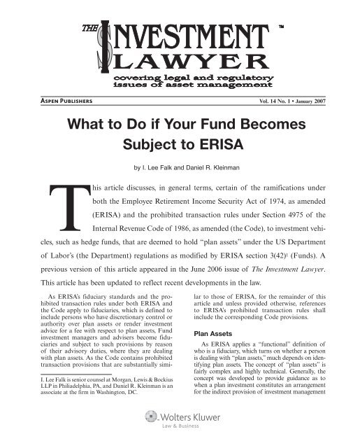 What to Do if Your Fund Becomes Subject to ERISA - Morgan, Lewis ...