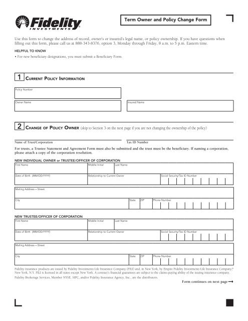 Term Owner and Policy Change Form - Fidelity