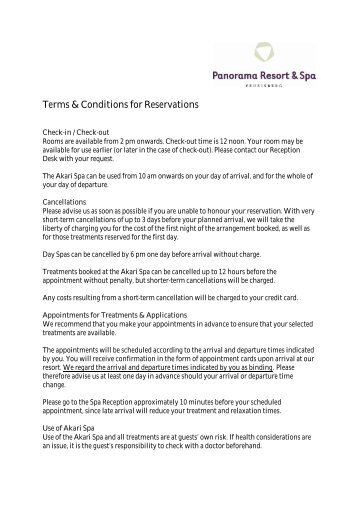 Terms & Conditions for Reservations - Panorama Resort & Spa