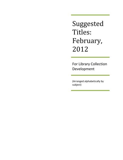 Suggested Titles: February, 2012 - McEntegart Hall's Blog