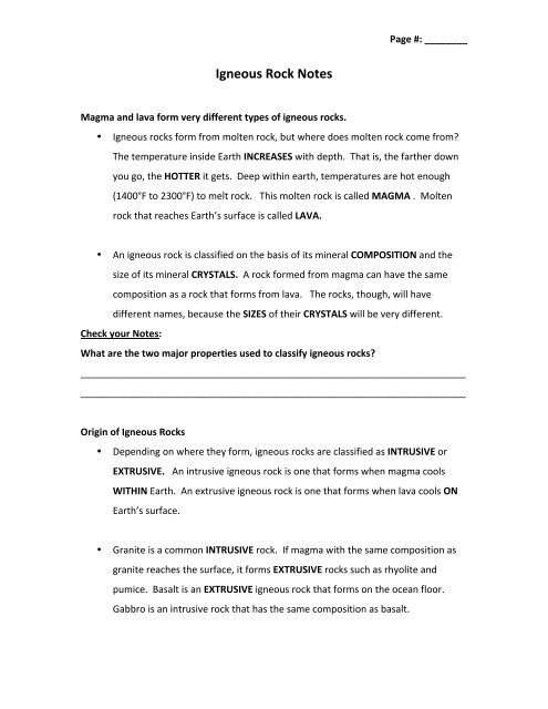 Igneous Rock Notes Teacher Pdf