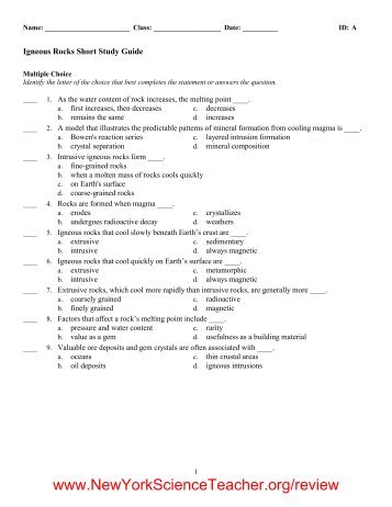 Igneous Rocks Short Study Guide - Earth Science Regents Prep ...