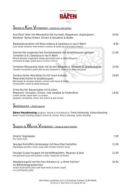 Speisekarte Restaurant Bären (.pdf) - Parkhotel Zug