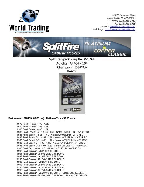 Splitfire Spark Plug No. PP076E Autolite: AP764 / 104 Champion ...