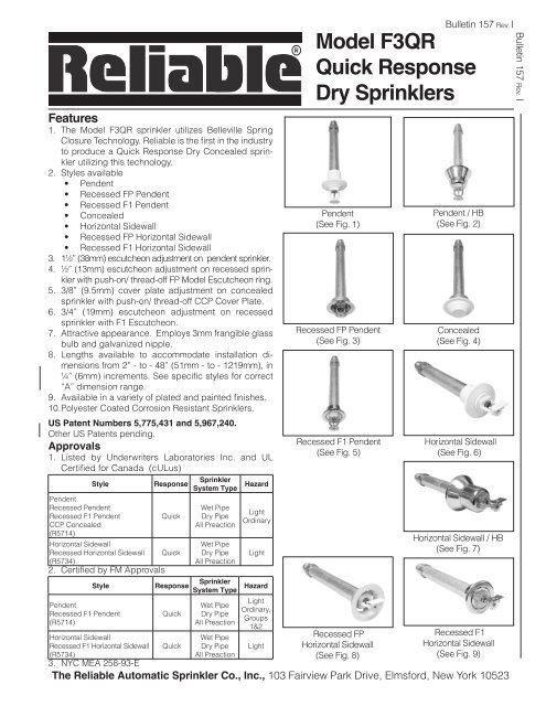 Model F3QR Quick Response Dry Sprinklers - Reliable Automatic ...