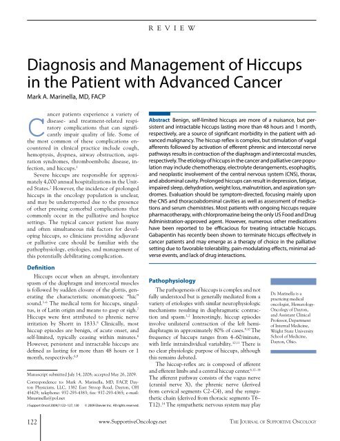 Diagnosis and Management of Hiccups in the Patient - Oncology ...