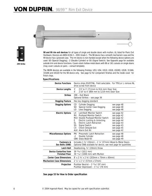 98/99™ Series Exit Devices - Von Duprin