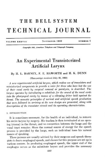 An Experimental Transistorized Artificial Larynx - Alcatel-Lucent