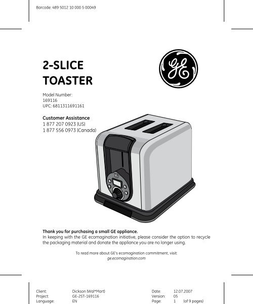 General Electric Ge 2 Slice Bagel Toaster 