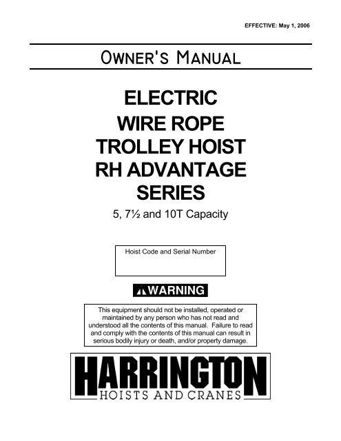 Owner's Manual ELECTRIC WIRE ROPE TROLLEY HOIST RH ...