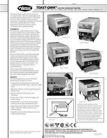 Hatco Toast-Qwik Conveyor Toaster TQ1800 Spec Sheet - Central ...