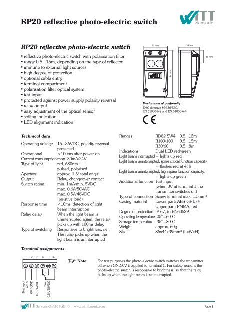 RP20 reflective photo-electric switch - Witt Sensoric GmbH Berlin