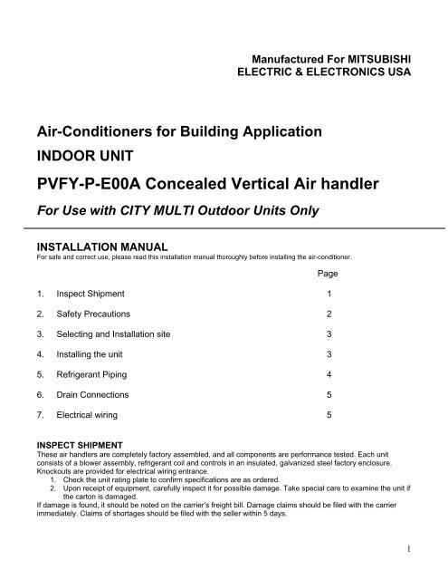 MITSUBISHI ELECTRIC PVFY INSTALLATION MANUAL