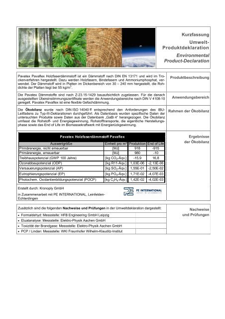 Pavaflex Holzfaserdämmung Pavatex SA Umwelt-Produktdeklaration