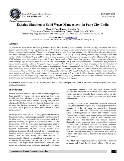 Existing Situation of Solid Waste Management in Pune City ... - ISCA
