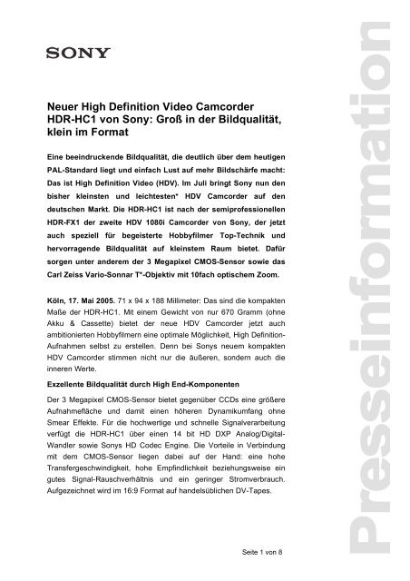 Neuer High Definition Video Camcorder HDR-HC1 von Sony: Groß ...