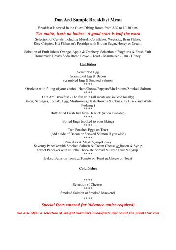 Dun Ard Sample Breakfast Menu - Dún Ard Bed & Breakfast