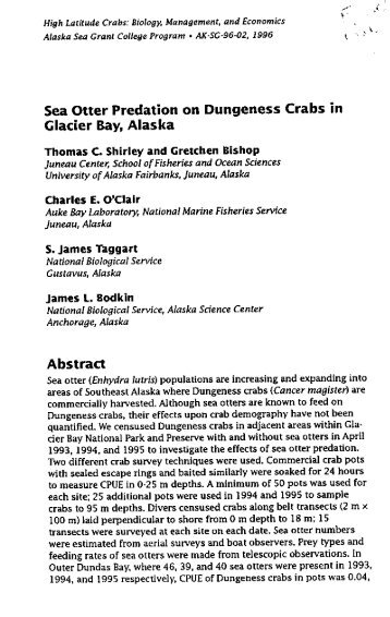 Sea Otter Predation on Dungeness Crabs in Glacier Bay, Alaska