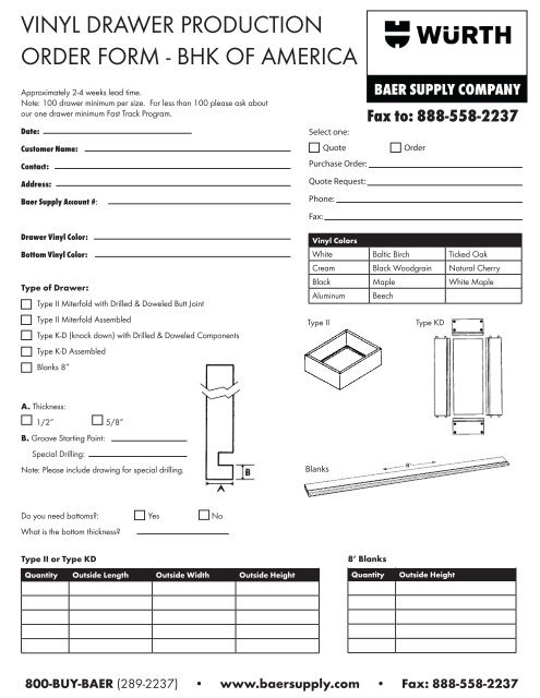 wood drawer production order form - bhk of america - Baer Supply ...