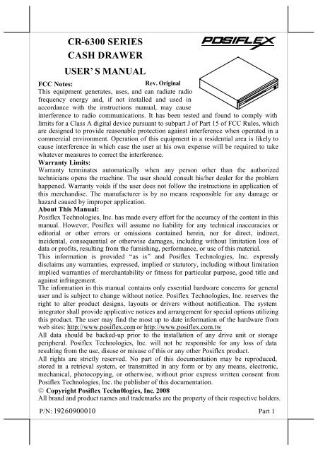 Cr 6300 Series Cash Drawer User S Manual Posiflex Com