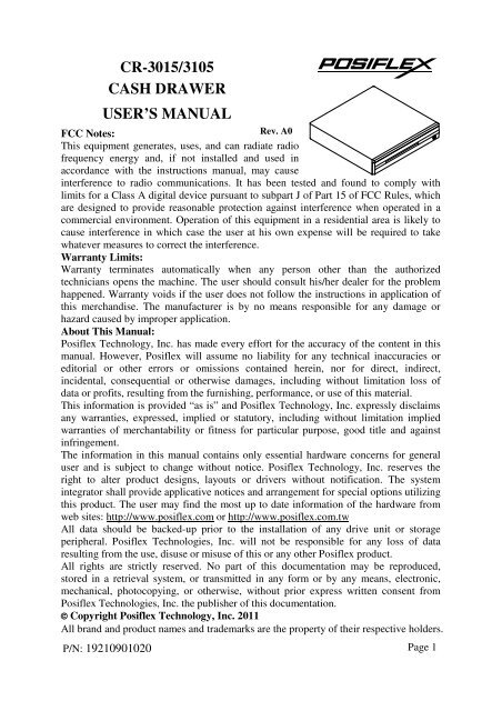 Cr 3015 3105 Cash Drawer User S Manual Posiflex