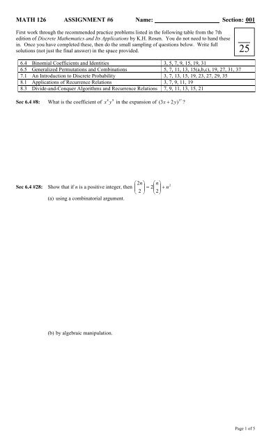 Math 126ee MATH 126 ASSIGNMENT #6 Name: Section: 001