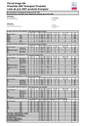 Perrot Image SA Preisliste 2007 Energizer Produkte Liste de prix 2007