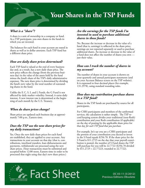 Fact Sheet: Your Shares in the TSP Funds - Thrift Savings Plan